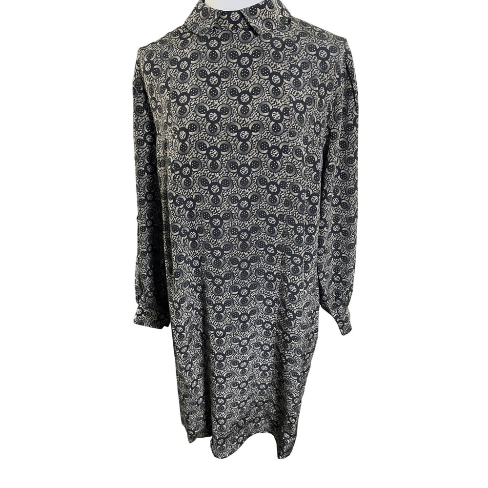 Argenti‎ Vintage Black White Tan Geometric Long Sleeve Shirt Dress 4P